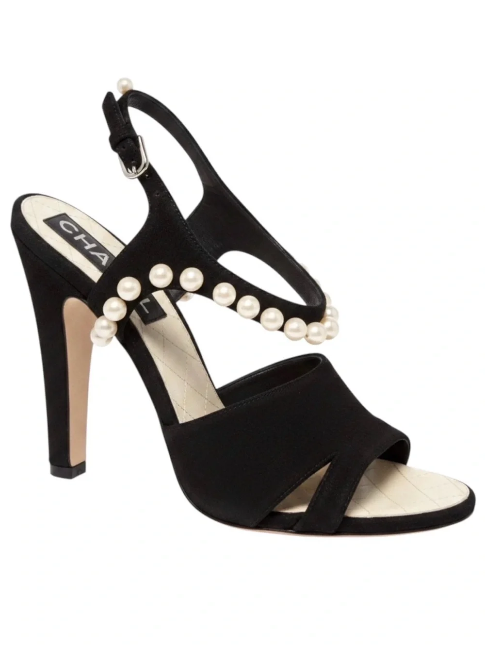 CHANEL 2014 Runway Black Suede Faux Pearl CC Slingback Sandals NWOT